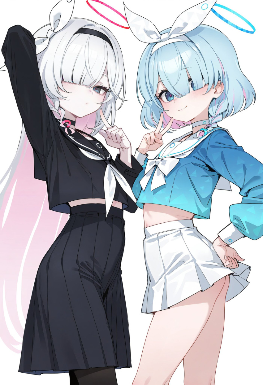 2girls, ai-generated, arona_(blue_archive), black_skirt, blue_archive, braid, crop_top, fujiwarahima