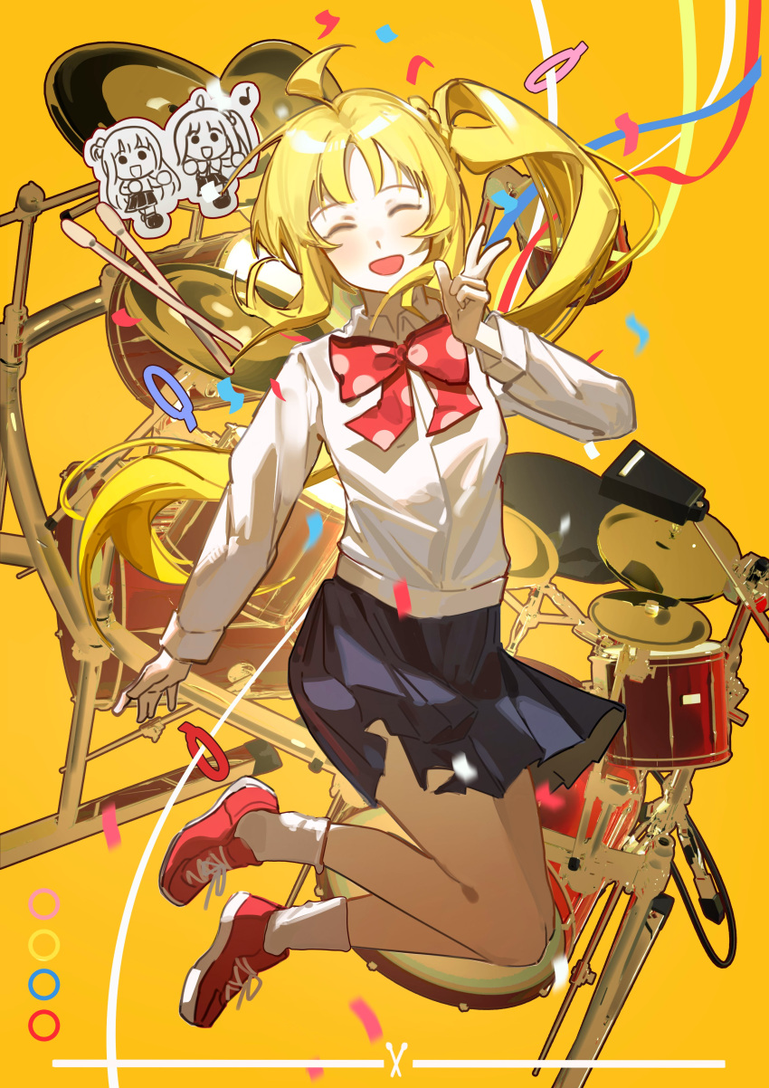 1girl, absurdres, ahoge, bocchi_the_rock!, bow, doritos, drum, drum_set