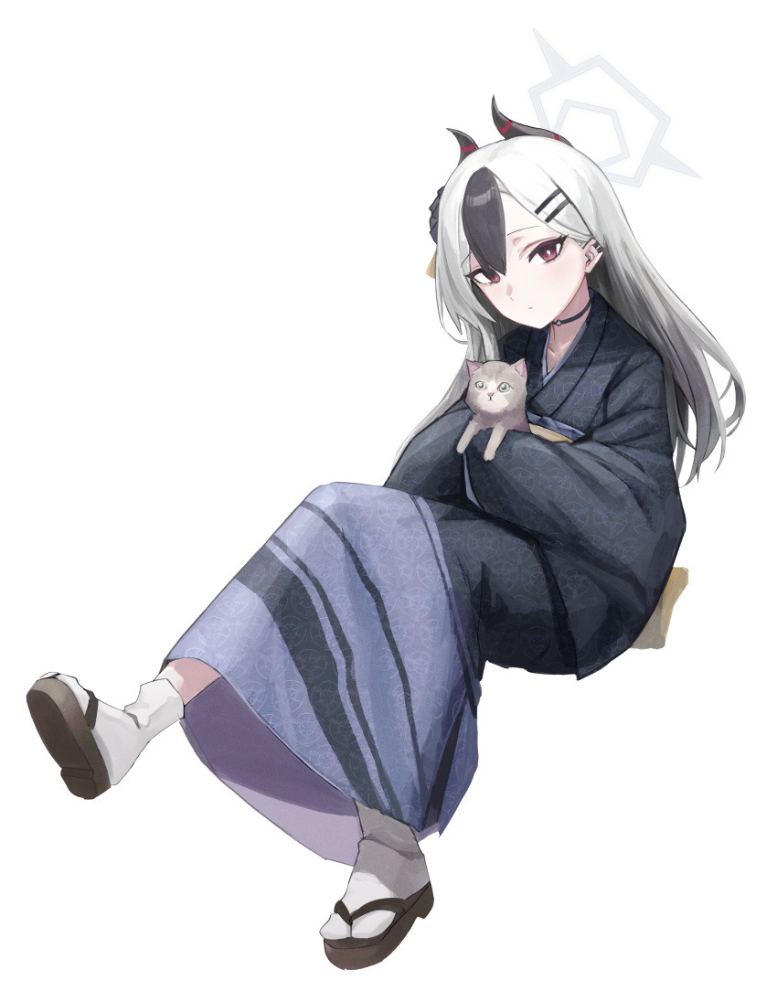 1girl, absurdres, animal, black_hair, black_horns, black_kimono, blue_archive, cat