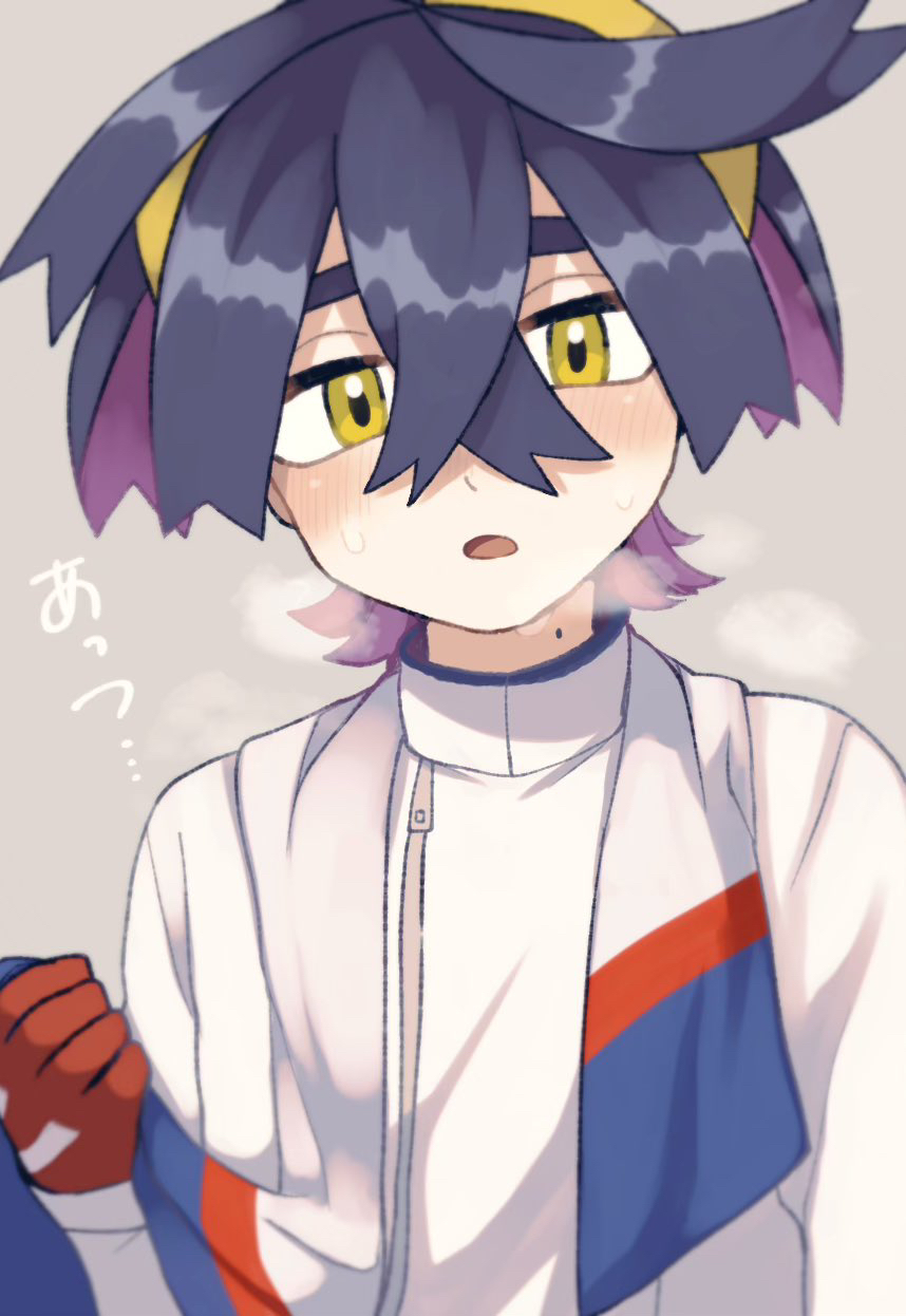 1boy, black_hair, blush, breath, crossed_bangs, gloves, grey_background, hair_between_eyes