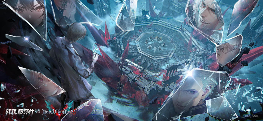 alpha_(pgr), black_hair, blonde_hair, blue_eyes, broken_glass, crossover, dante_(devil_may_cry), devil_may_cry_(series)