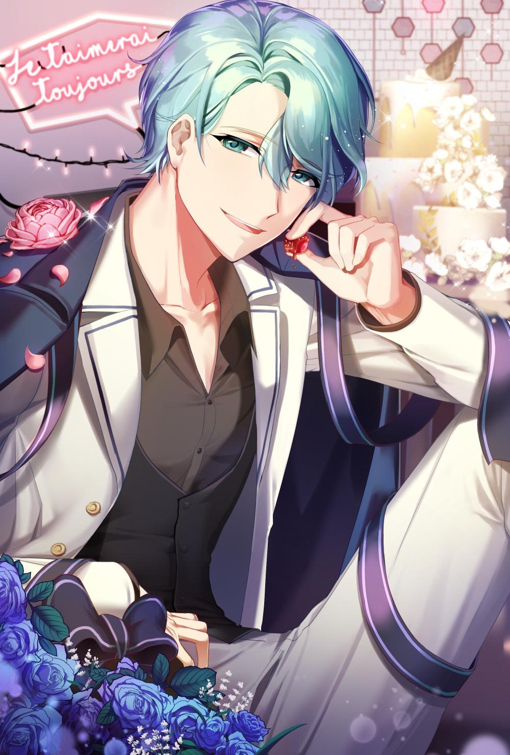 1boy, bishounen, black_shirt, black_vest, blue_flower, blue_rose, cake, cherry, chocolate, chocolate_covered, coat, coat_on_shoulders, collarbone, collared_shirt, eile_(esspril), flower, food, french_text, fruit, green_hair, hair_between_eyes, highres, indoors, jacket, layer_cake, looking_at_viewer, male_focus, neon_lights, open_mouth, pink_flower, pink_rose, rose, shirt, short_hair, solo, sparkle, string_lights, susanghan_messenger, translation_request, v_(susanghan_messenger), vest, white_jacket
