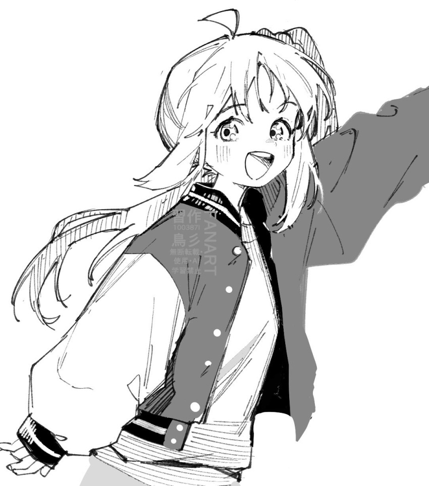 100387l, 1girl, :d, ahoge, arm_up, blush, bocchi_the_rock!, detached_ahoge, greyscale, highres, ijichi_nijika, jacket, long_hair, looking_at_viewer, monochrome, open_clothes, open_jacket, open_mouth, pointing, shirt, side_ponytail, simple_background, smile, white_background