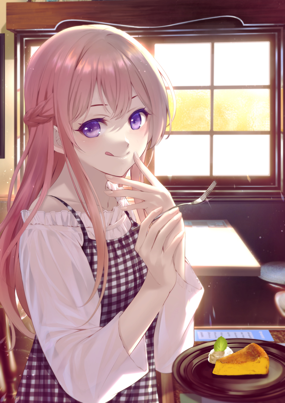 1girl, cake, cake_slice, closed_mouth, collarbone, commentary_request, cover, cover_page