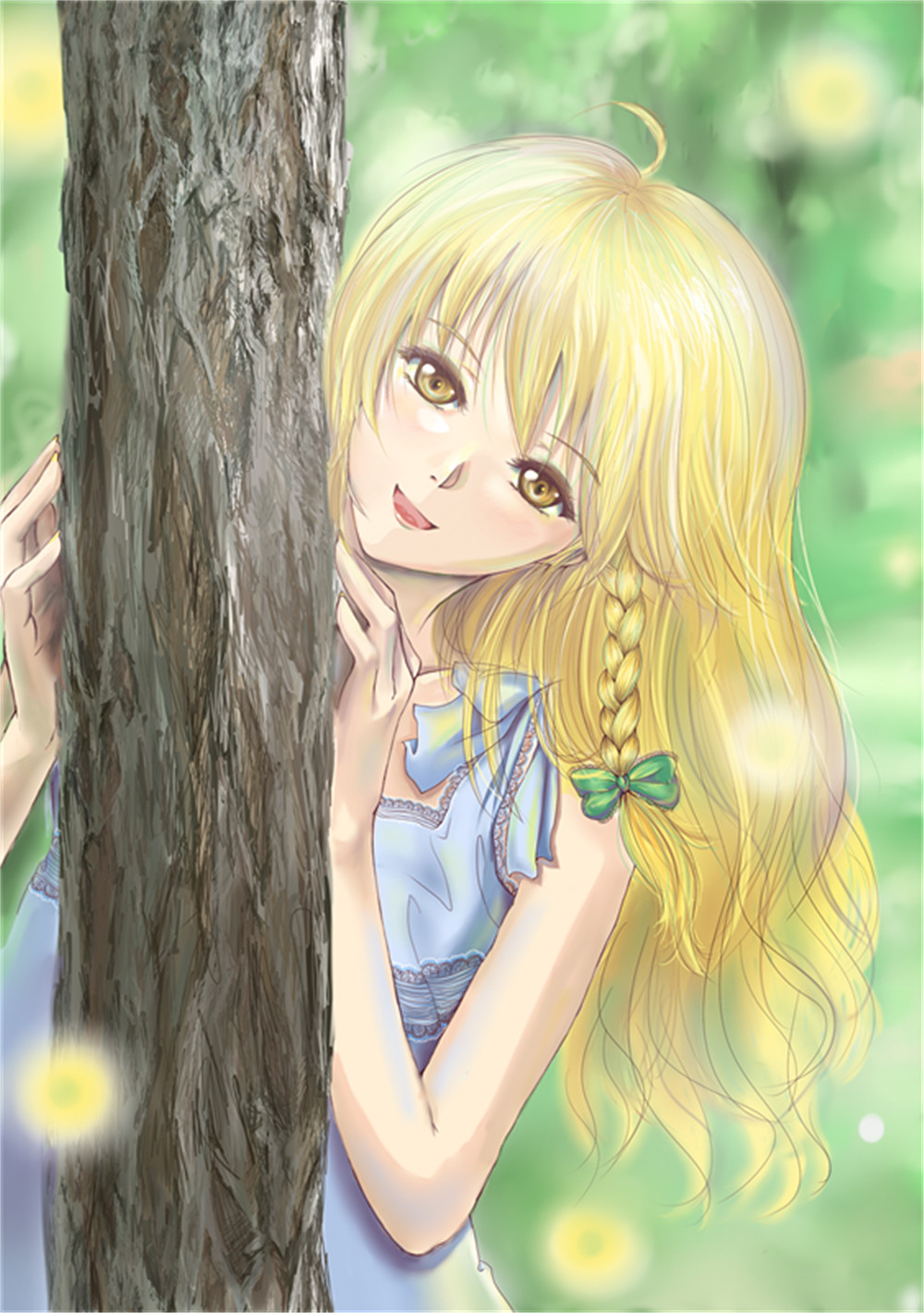 ahoge, blonde_hair, bow, braid, hair_bow, highres, kirisame_marisa, long_hair, no_hat, no_headwear, open_mouth, smile, solo, tongue, touhou, tree, yaua, yellow_eyes