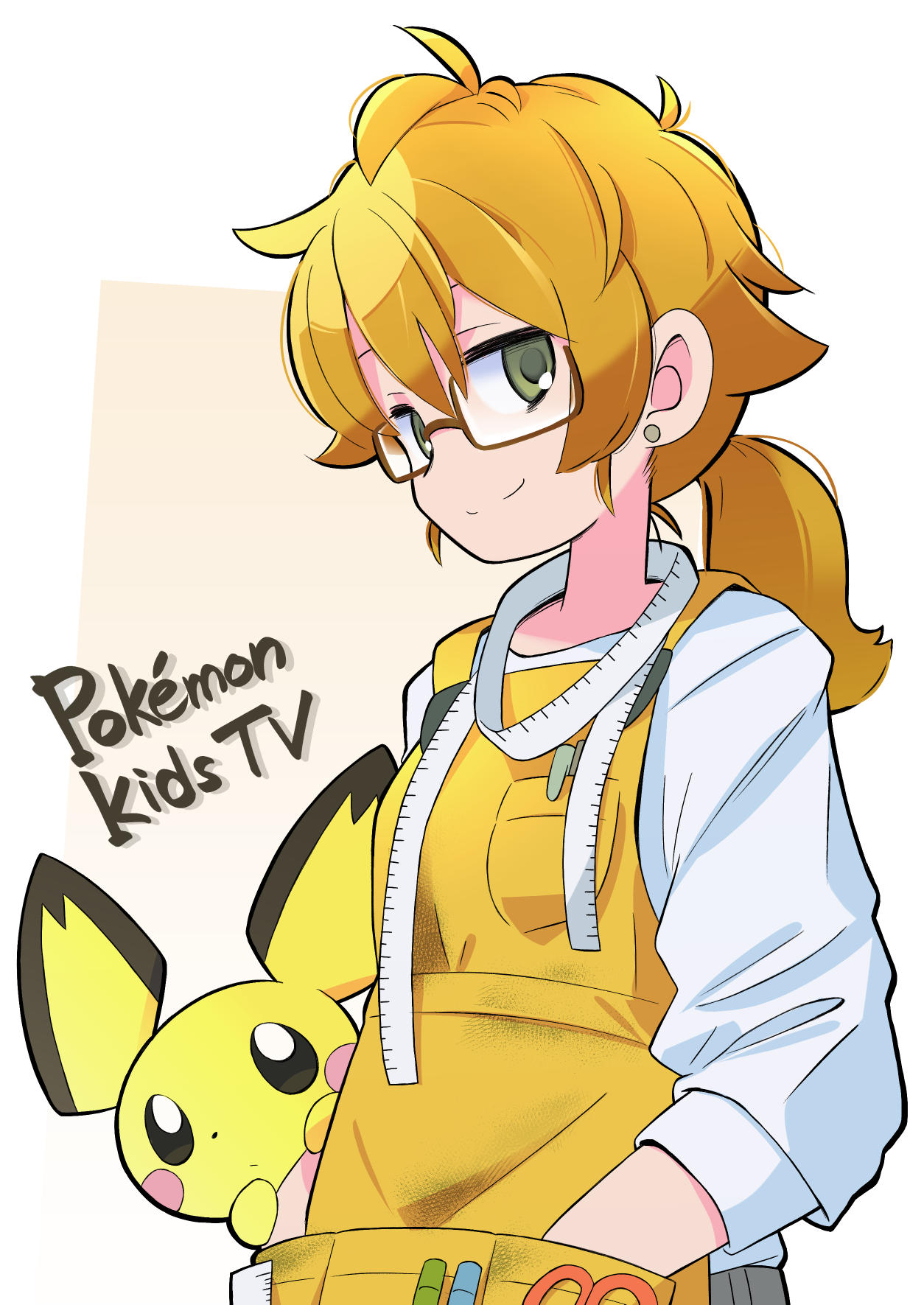 1girl, apron, border, brown_hair, chan_mama, closed_mouth, earrings, glasses, green_eyes, highres, jewelry, looking_at_viewer, pichu, pokemon, pokemon_(creature), pokemon_kids_tv, ponytail, rascal_(feuille), scissors, shirt, tape_measure, white_border, white_shirt