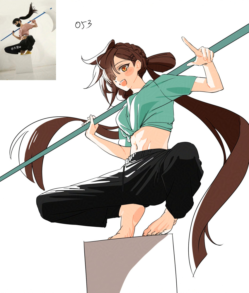 1girl, alternate_costume, barefoot, black_pants, blush, braid, brown_hair, crop_top, full_body, green_shirt, hair_bun, hair_over_one_eye, highres, holding, holding_staff, honkai_(series), honkai_impact_3rd, li_sushang, long_hair, looking_at_viewer, navel, orange_eyes, pants, photo-referenced, pointing, seza_(enlwnaos), shirt, side_braid, smile, squatting, staff, teeth, twintails, upper_teeth_only, white_background