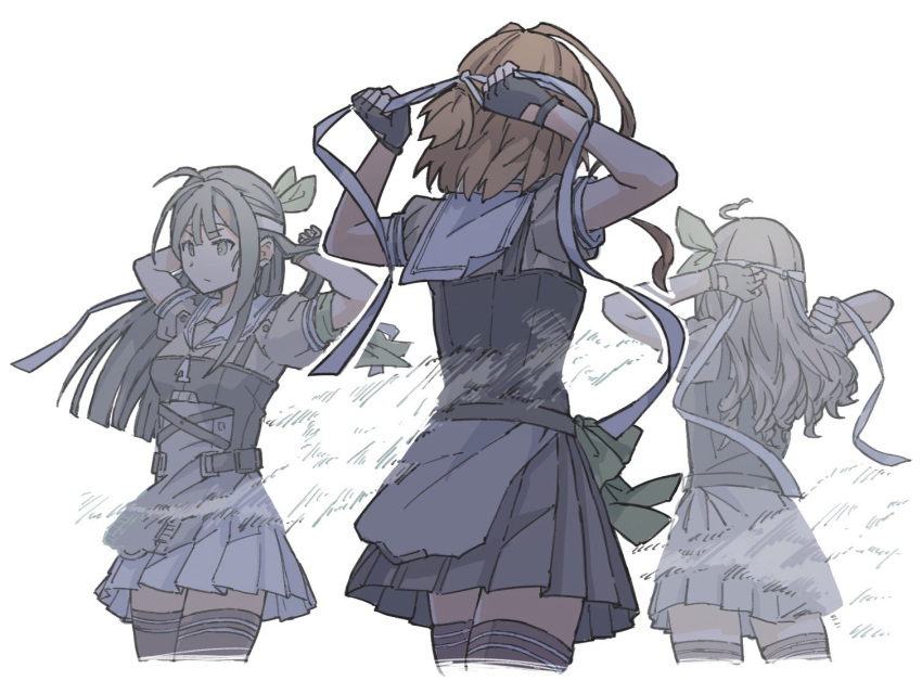 3girls, ahoge, black_gloves, closed_mouth, fingerless_gloves, gloves, green_eyes, green_ribbon