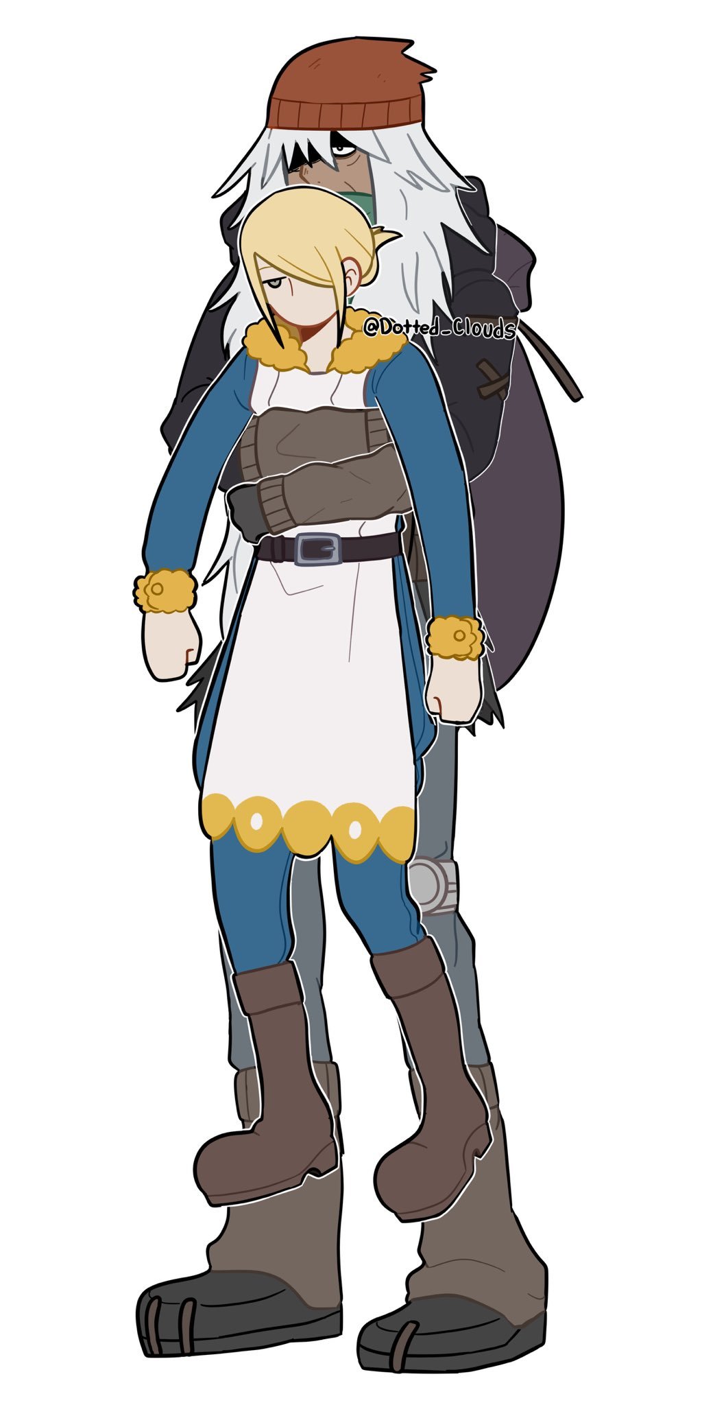 2boys, az_(pokemon), blonde_hair, boots, brown_shoes, dotted-clouds, dotted_clouds, dottedclouds, full_body, ginkgo_guild_uniform, grey_hair, hair_over_one_eye, height_difference, highres, hug, hug_from_behind, male_focus, multiple_boys, pokemon, pokemon_legends:_arceus, pokemon_xy, shaded_face, shoes, simple_background, standing, volo_(pokemon), white_background