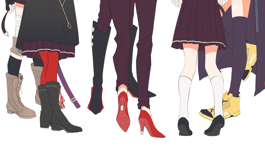 black_shoes, black_thighhighs, boots, hanamura_shiki, heaven_burns_red, highres, hiramatu_31, kurozawa_maki, leg_focus, leg_only, lower_body, maruyama_kanata, matsuoka_chiroru, natsume_inori, pants, pantyhose, red_pantyhose, red_shoes, shoes, skirt, socks, team_31f_(heaven_burns_red), thigh-highs, white_socks, yanagi_mion, yellow_shoes