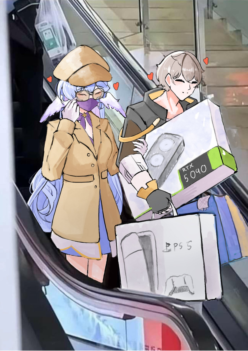 bag, blue_hair, box, brown_hat, brown_jacket, caelus_(honkai:_star_rail), contemporary, escalator