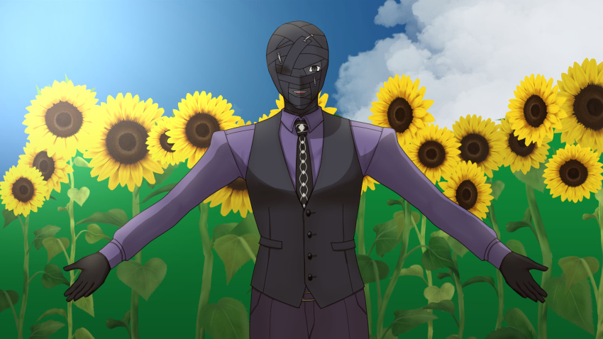 1boy, arms_at_sides, bandage_on_face, bandage_over_one_eye, bandaged_head, bandages, black_necktie, black_vest