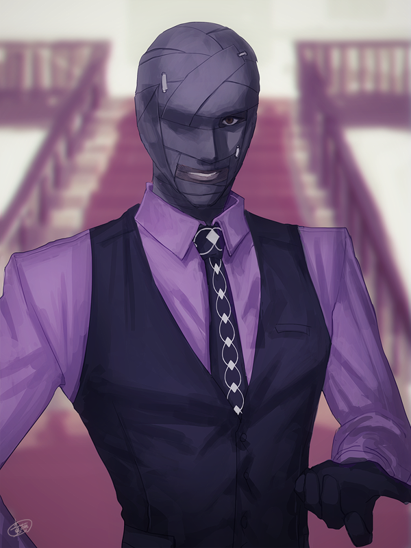 1boy, bandage_on_face, bandage_over_one_eye, bandaged_head, bandages, black_necktie, black_vest, collared_shirt