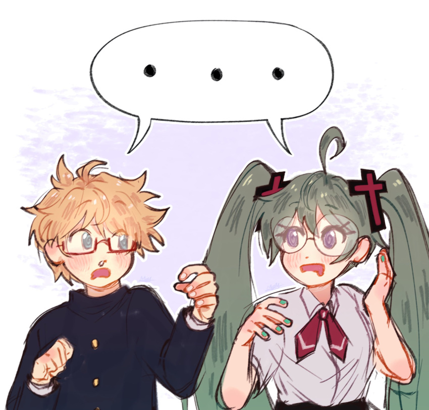 ..., 1boy, 1girl, ahoge, blonde_hair, blue_eyes, blush, coke-bottle_glasses