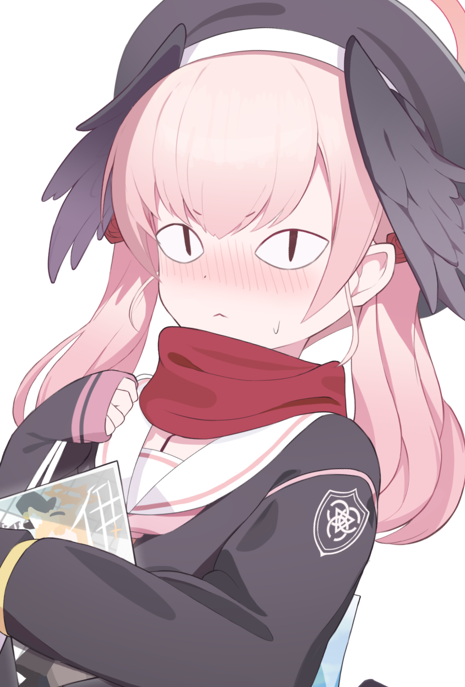 <|>_<|>, 1girl, beret, bigina, black_hat, black_shirt, black_wings, blue_archive