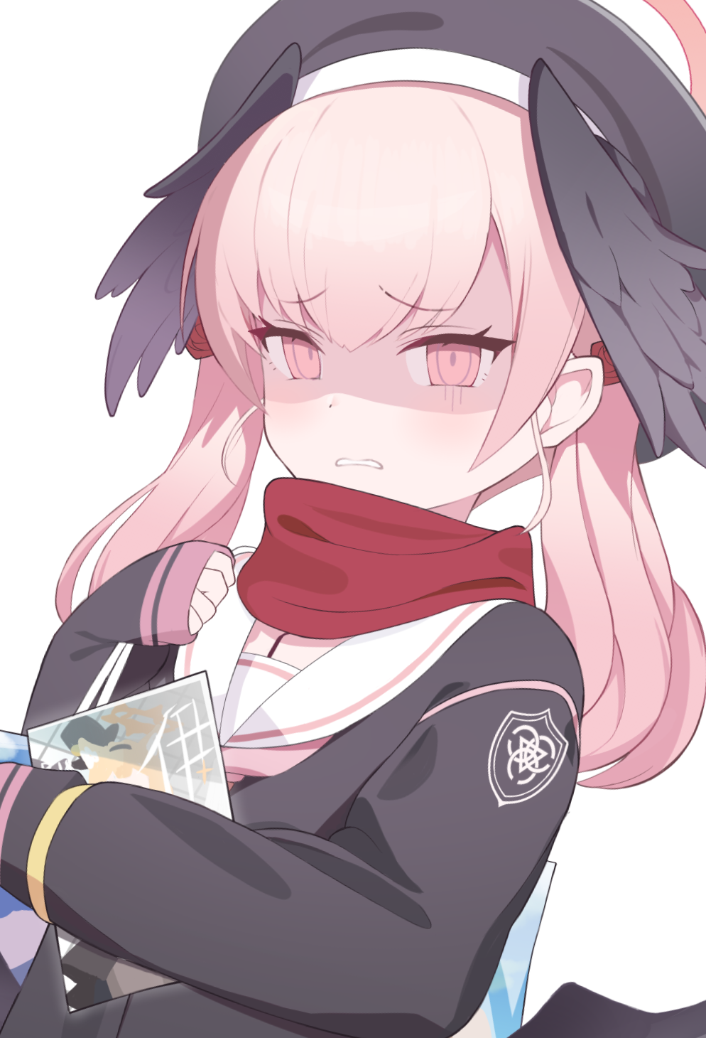 1girl, beret, bigina, black_hat, black_shirt, black_wings, blue_archive, disgust, dutch_angle, hat, head_wings, highres, holding, holding_photo, koharu_(blue_archive), looking_at_viewer, photo_(object), pink_eyes, pink_hair, red_scarf, sailor_collar, scarf, shaded_face, shirt, simple_background, solo, twintails, upper_body, white_background, white_sailor_collar, wings