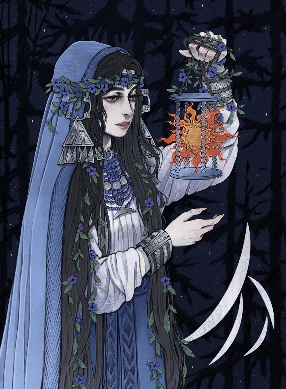 1girl, blue_eyes, blue_skirt, brown_hair, flower, forest, slavic_clothes, slavic_mythology, tagme, ternovye