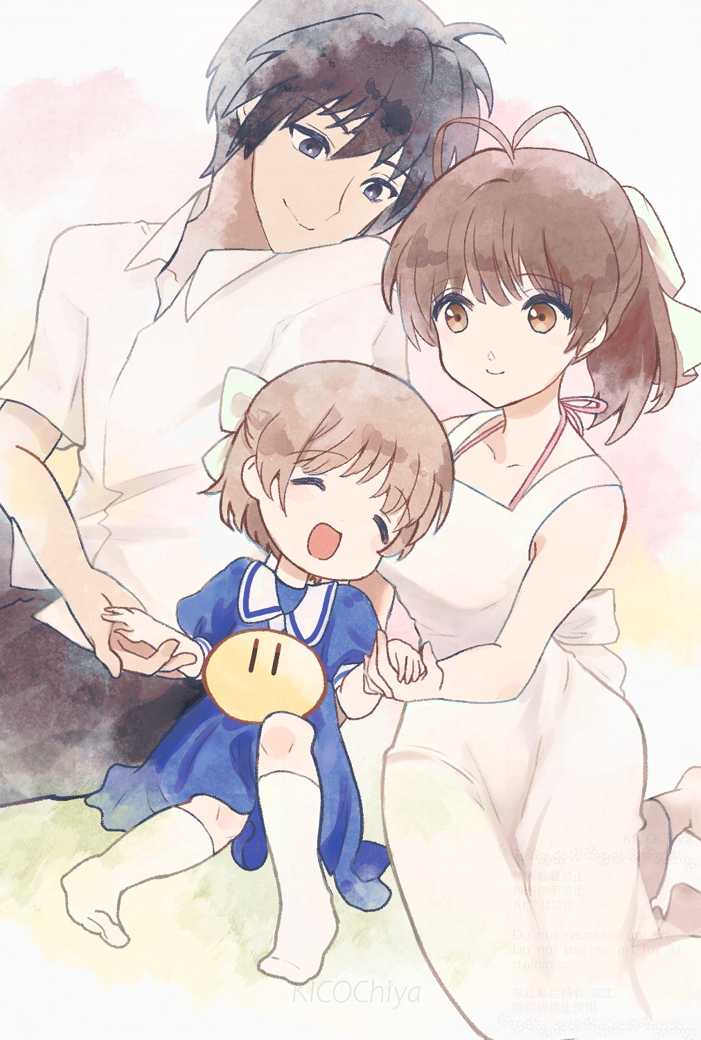 1boy, 2girls, antenna_hair, black_pants, blue_dress, blue_eyes, blue_hair, brown_eyes, brown_hair, child, clannad, closed_eyes, commentary_request, dango_daikazoku, dress, family, father_and_daughter, furukawa_nagisa, hair_ribbon, hand_grab, highres, husband_and_wife, kicochiya, medium_hair, mother_and_daughter, multiple_girls, okazaki_tomoya, okazaki_ushio, open_mouth, pants, ribbon, shirt, short_hair, smile, socks, watermark, white_dress, white_ribbon, white_shirt, white_socks