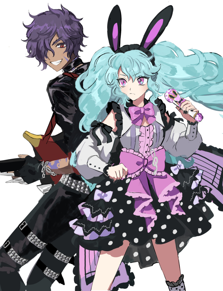 >:(, 1boy, 1girl, animal_ear_hairband, animal_ears, aqua_eyes, aqua_hair, belt, black_choker, black_gloves, black_hairband, black_nails, black_pants, black_ribbon, black_skirt, bow, bowtie, center_frills, chain, chain_bracelet, choker, closed_mouth, commentary_request, dark-skinned_male, dark_skin, detached_sleeves, electric_guitar, fake_animal_ears, fingerless_gloves, fingernails, fluffy_hair, frilled_hairband, frilled_shirt, frilled_socks, frills, gloves, grey_belt, grin, guitar, guitar_strap, hair_over_one_eye, hairband, highres, holding, holding_guitar, holding_instrument, holding_microphone, idol_land_pripara, instrument, katasumi_amari, large_bow, long_hair, long_sleeves, looking_at_viewer, looking_back, looking_to_the_side, mario_(pripara), microphone, miniskirt, multicolored_eyes, musical_staff, nail_polish, one_eye_covered, pants, parimi_(tobari), pink_bow, pink_bowtie, polka_dot, polka_dot_skirt, polka_dot_socks, pretty_series, pripara, puffy_long_sleeves, puffy_sleeves, punk, purple_hair, rabbit_ear_hairband, rabbit_ears, red_eyes, ribbon, ribbon-trimmed_sleeves, ribbon_trim, serious, shirt, short_hair, side-by-side, skirt, sleeveless, sleeveless_shirt, slit_pupils, smile, socks, standing, teeth, thick_eyebrows, turning_head, twintails, two-tone_eyes, v-shaped_eyebrows, violet_eyes, white_background, white_shirt, white_sleeves, white_socks