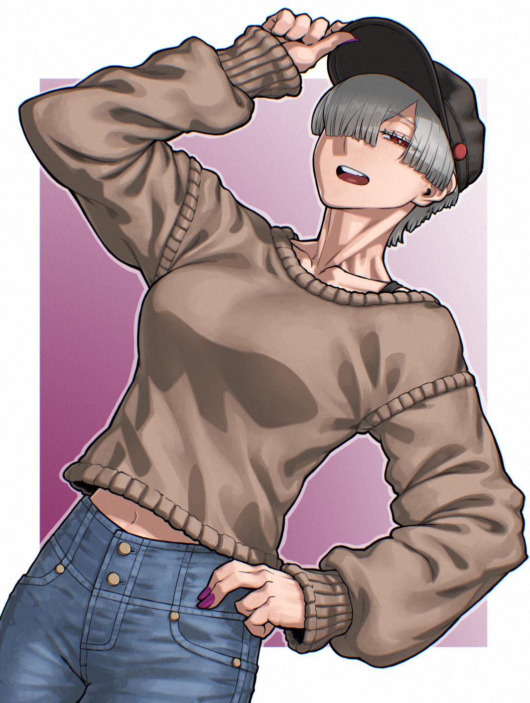 1girl, breasts, brown_shirt, collarbone, cowboy_shot, grey_hair, hand_on_own_hat, hand_up, hat, highres, large_breasts, long_sleeves, looking_at_viewer, navel, open_mouth, original, pants, purple_nails, red_eyes, rggr, shirt, short_hair, simple_background, solo, teeth, upper_teeth_only