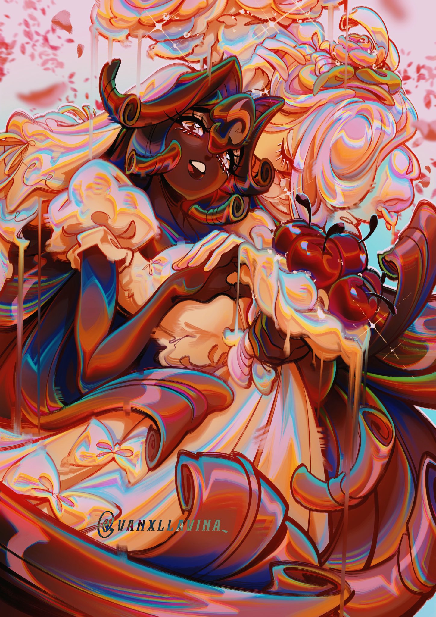 2girls, black_forest_cookie, bouquet, bow, bridal_veil, brown_background, brown_hair, closed_mouth