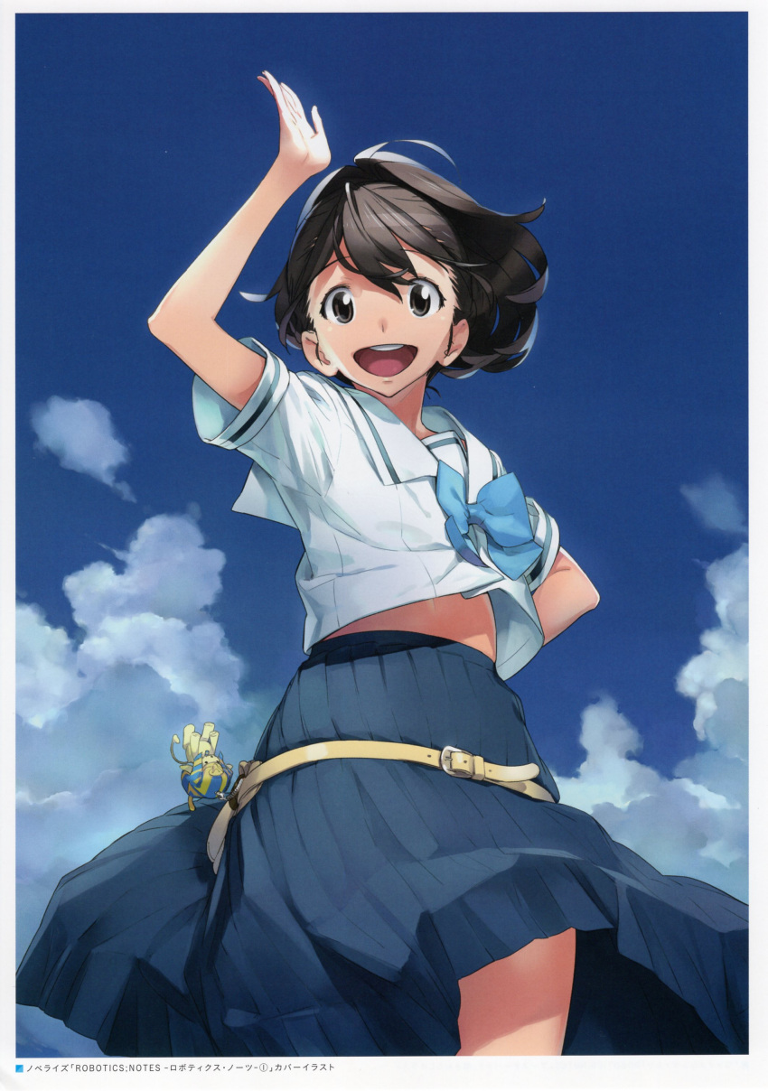 1girl, 5pb., absurdres, ahoge, arm_up, belt, belt_buckle, blue_sky