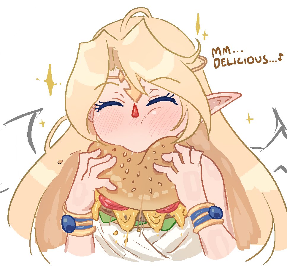 1girl, angel, armlet, blonde_hair, blush, bracelet, burger, circlet