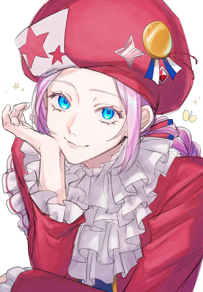 1boy, ascot, blue_eyes, classicaloid, closed_mouth, eyelashes, hat, head_rest