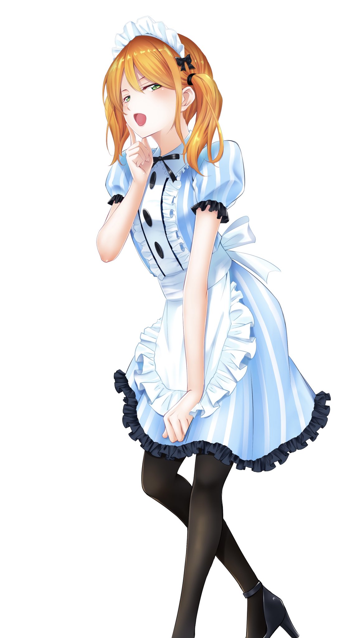 1girl, apron, black_pantyhose, black_shoes, blue_dress, blush, commentary_request, dress