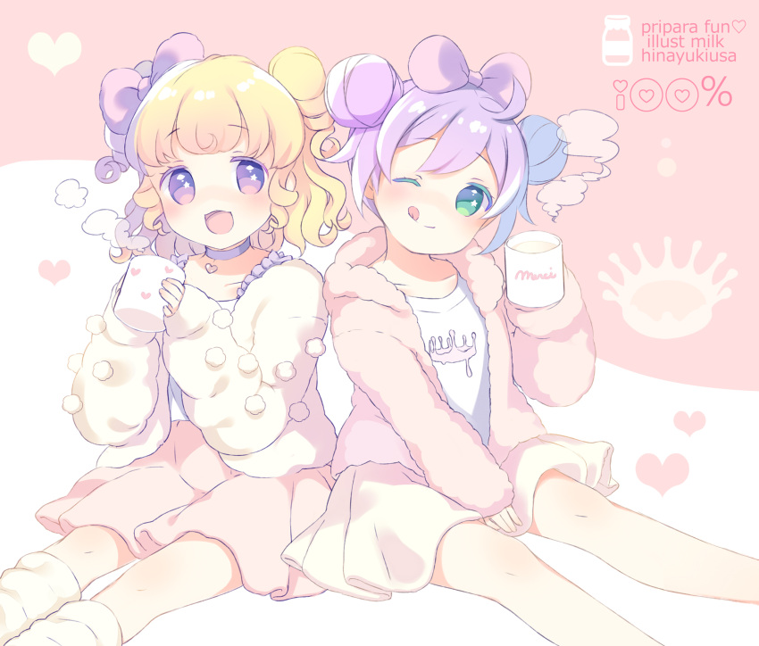 2girls, :d, :q, between_legs, blonde_hair, blush, bow, choker