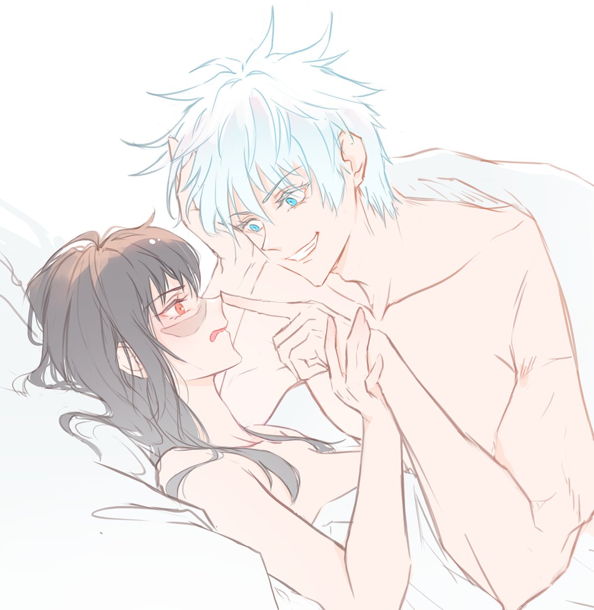 1boy, 1girl, annoyed, bare_arms, bare_shoulders, bed, black_hair, blanket