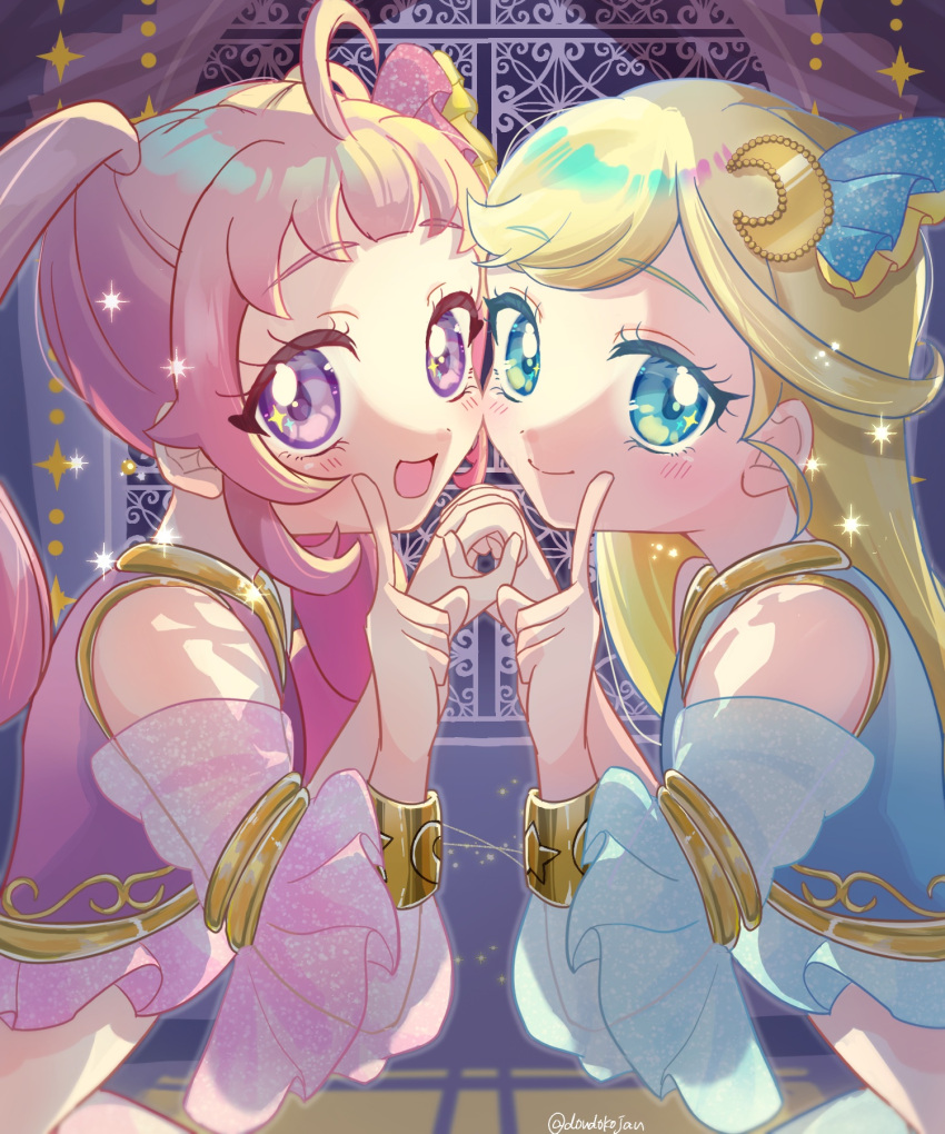 2girls, :d, ahoge, aozora_himari, arabian_clothes, bare_shoulders, blonde_hair, blue_eyes, blue_shirt, blush, bracelet, cropped_shirt, detached_sleeves, dondoko_(dondokojan), hands_up, highres, himitsu_no_aipri, holding_hands, hoshikawa_mitsuki, index_finger_raised, indoors, jewelry, long_hair, looking_at_viewer, looking_to_the_side, midriff, multiple_girls, official_alternate_costume, pink_hair, pink_shirt, pretty_series, see-through_clothes, see-through_sleeves, shirt, sleeveless, sleeveless_shirt, smile, straight_hair, twintails, twitter_username, upper_body, violet_eyes