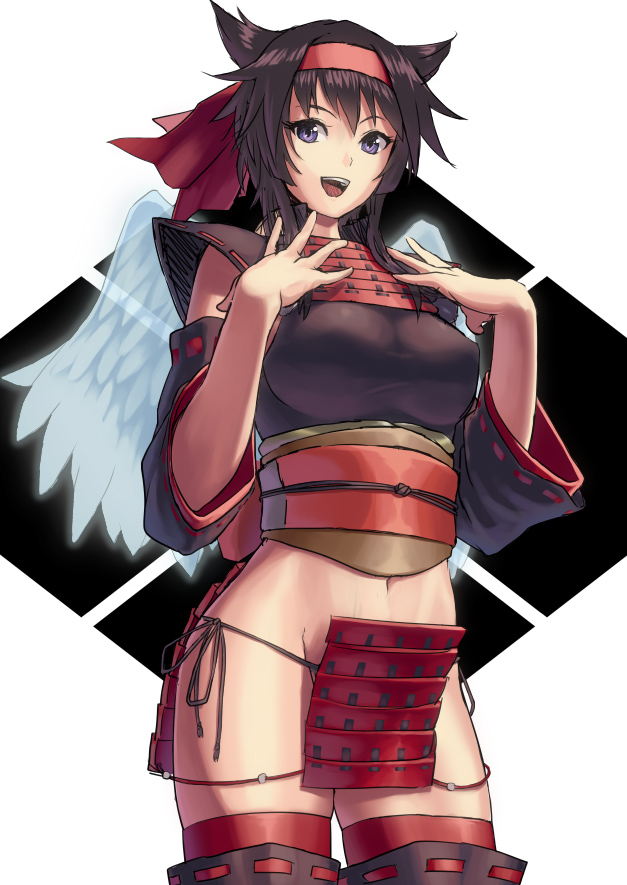 armor, black_hair, cat_ears, detached_sleeves, headband, mismi, no_panties, purple_eyes, satomi_(sengoku_taisen), sengoku_taisen, short_hair, thighhighs, violet_eyes, white_wings, wings