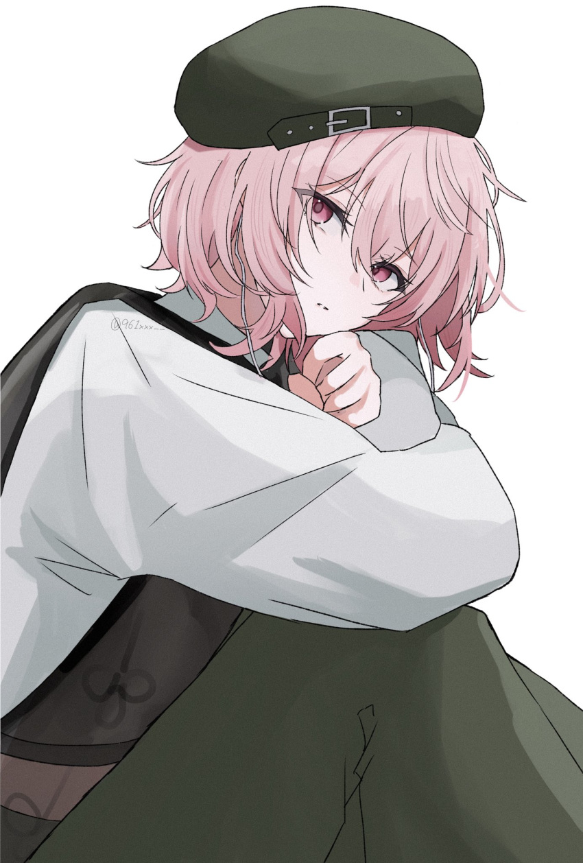 1girl, 961_kuru, commentary_request, earphones, hair_between_eyes, hat, highres, long_sleeves