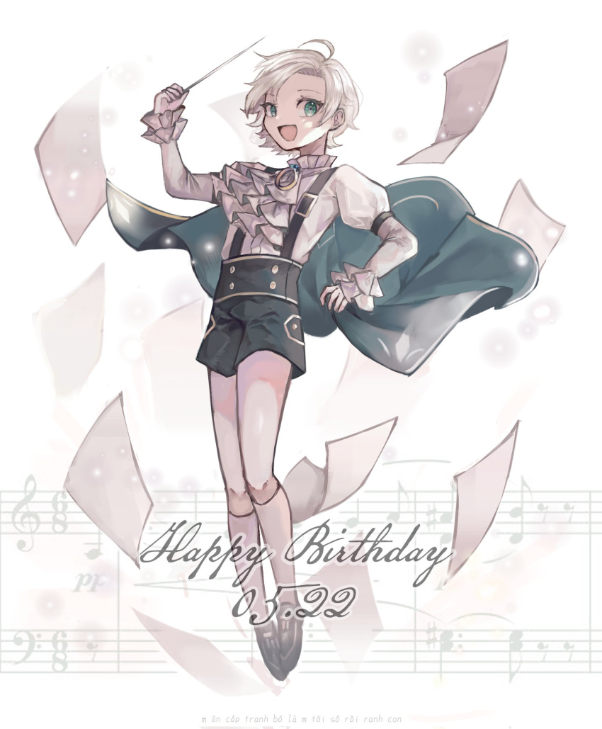 1boy, ahoge, ascot, black_shorts, blonde_hair, cape, classicaloid, eyelashes