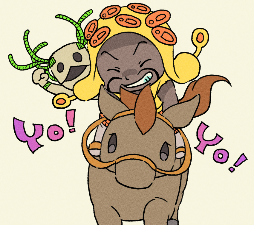 1boy, 1other, absurdres, arm_up, chibi, closed_eyes, commentary_request, dark-skinned_male