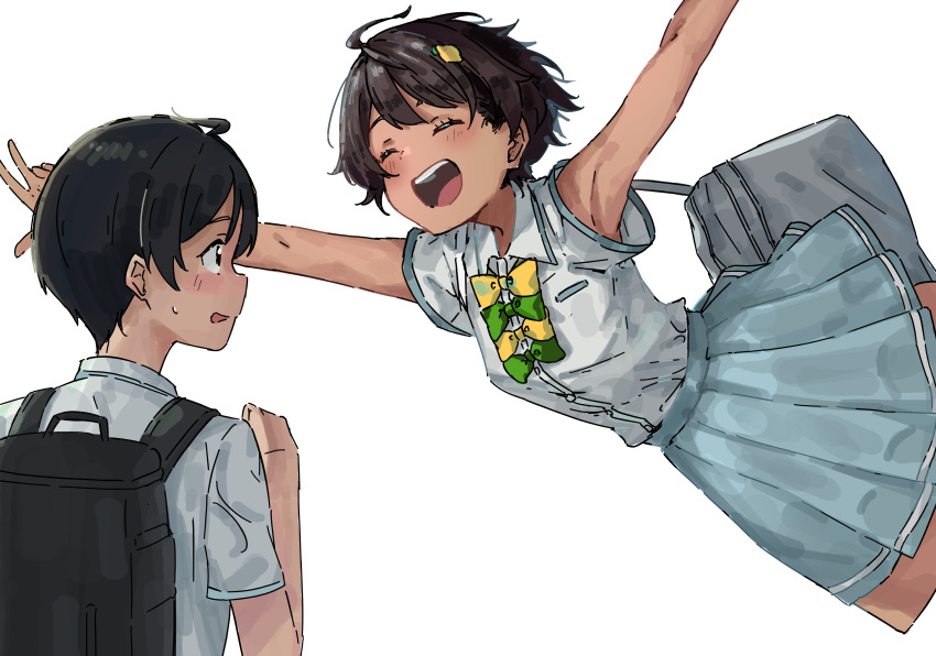 1boy, 1girl, absurdres, arm_at_side, armpits, backpack, bag, black_hair, blush, bow, bowtie, closed_eyes, collared_shirt, food-themed_hair_ornament, green_bow, green_bowtie, grey_skirt, hair_ornament, hetero, highres, imminent_hug, jumping, jyuunen-kun, lemon_hair_ornament, make_heroine_ga_oo_sugiru!, nukumizu_kazuhiko, open_mouth, pleated_skirt, school_bag, school_uniform, shirt, short_hair, short_sleeves, simple_background, skirt, summer_uniform, tsuwabuki_high_school_uniform, white_background, white_shirt, yakishio_lemon, yellow_bow, yellow_bowtie