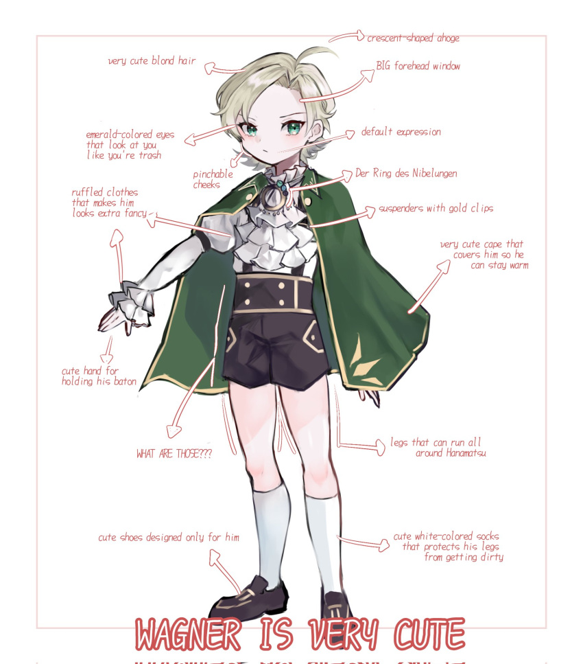 1boy, ahoge, ascot, black_shoes, black_shorts, blonde_hair, cape, character_name