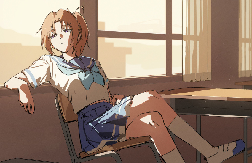 1girl, blue_neckerchief, blue_skirt, brown_hair, classroom, crossed_legs, hibike!_euphonium, highres