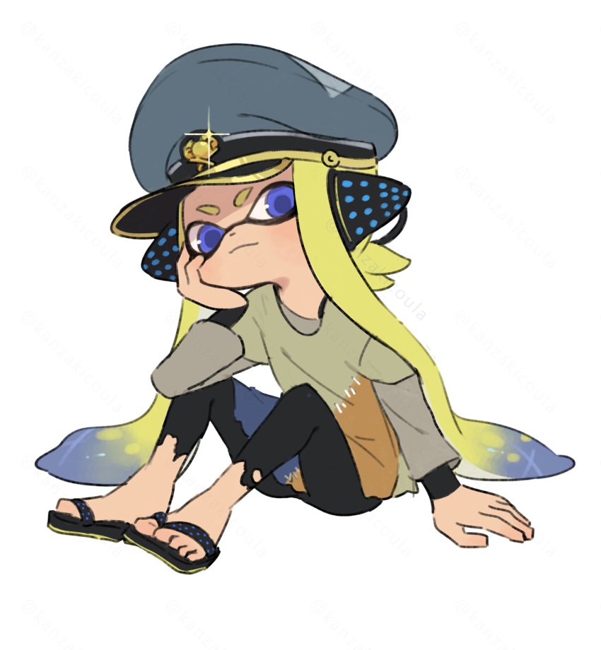 1girl, agent_3_(splatoon), behind-the-head_headphones, black_headphones, black_sandals, blonde_hair, blue_eyes, blue_hair, blue_hat, blue_shirt, captain_3_(splatoon), commentary_request, coula_cat, dot_nose, elbow_on_knee, flip-flops, gold_trim, green_shirt, grey_shirt, hand_on_floor, hat, head_on_hand, headphones, highres, knees_up, layered_shirt, leggings, long_hair, long_sleeves, looking_at_viewer, multicolored_hair, multicolored_shirt, orange_shirt, partially_shaded_face, patchwork_clothes, peaked_cap, pointy_ears, sandals, shirt, simple_background, sitting, solo, sparkle, splatoon_(series), splatoon_3, tentacle_hair, thick_eyebrows, three_quarter_view, torn_clothes, torn_leggings, two-tone_hair, very_long_hair, white_background