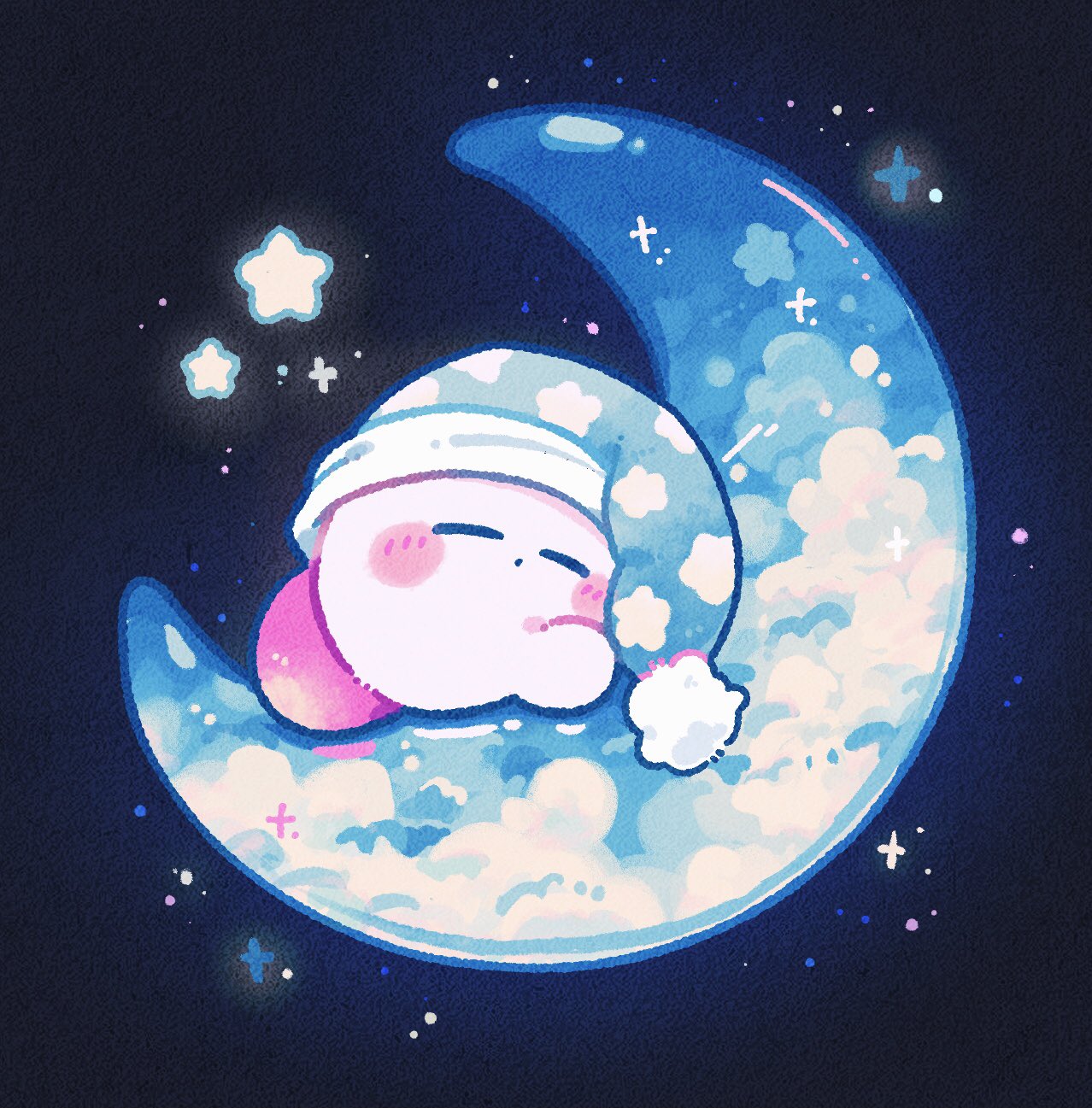 blue_hat, blue_outline, blush_stickers, closed_mouth, clouds, commentary, crescent_moon, dot_mouth