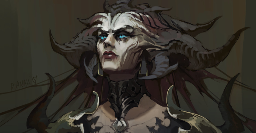 1girl, black_dress, black_lips, blue_eyes, breasts, demon_girl, demon_horns, demon_wings