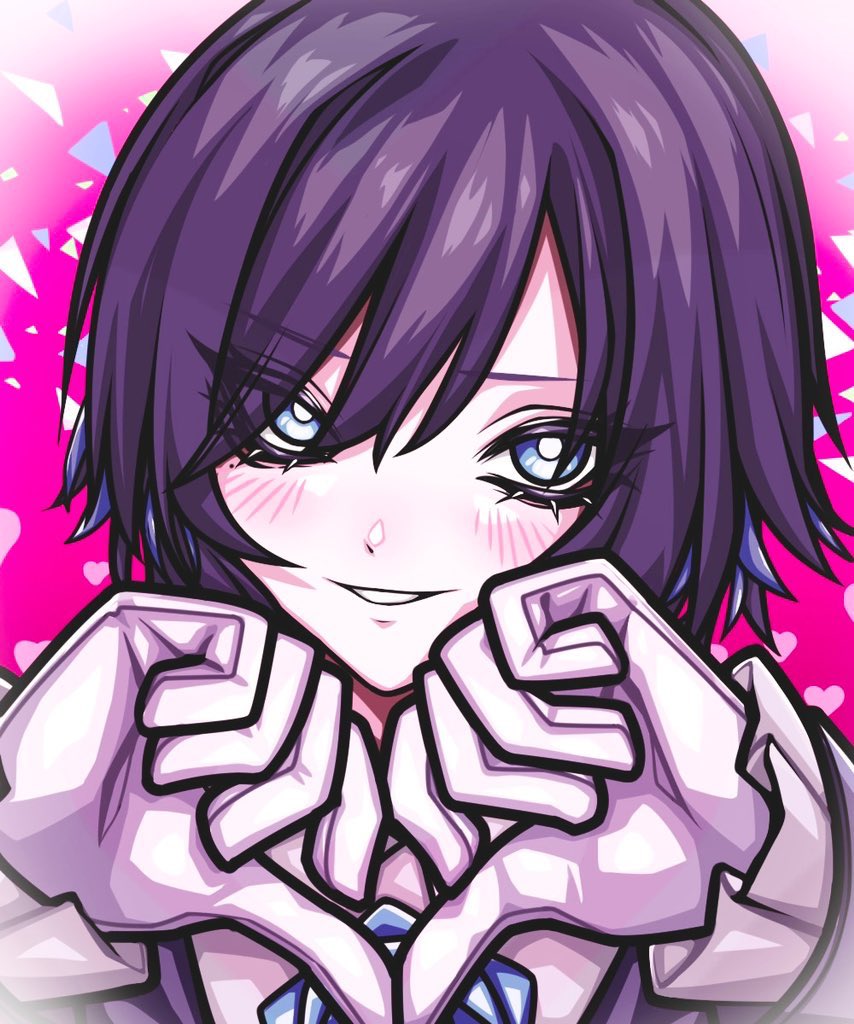 1girl, ado_(utaite), black_hair, blue_eyes, blush, chando_(ado), commentary_request, egoist_tosummer, gloves, hair_between_eyes, looking_at_viewer, mole, mole_under_eye, open_mouth, pink_background, solo, upper_body, utaite, white_gloves