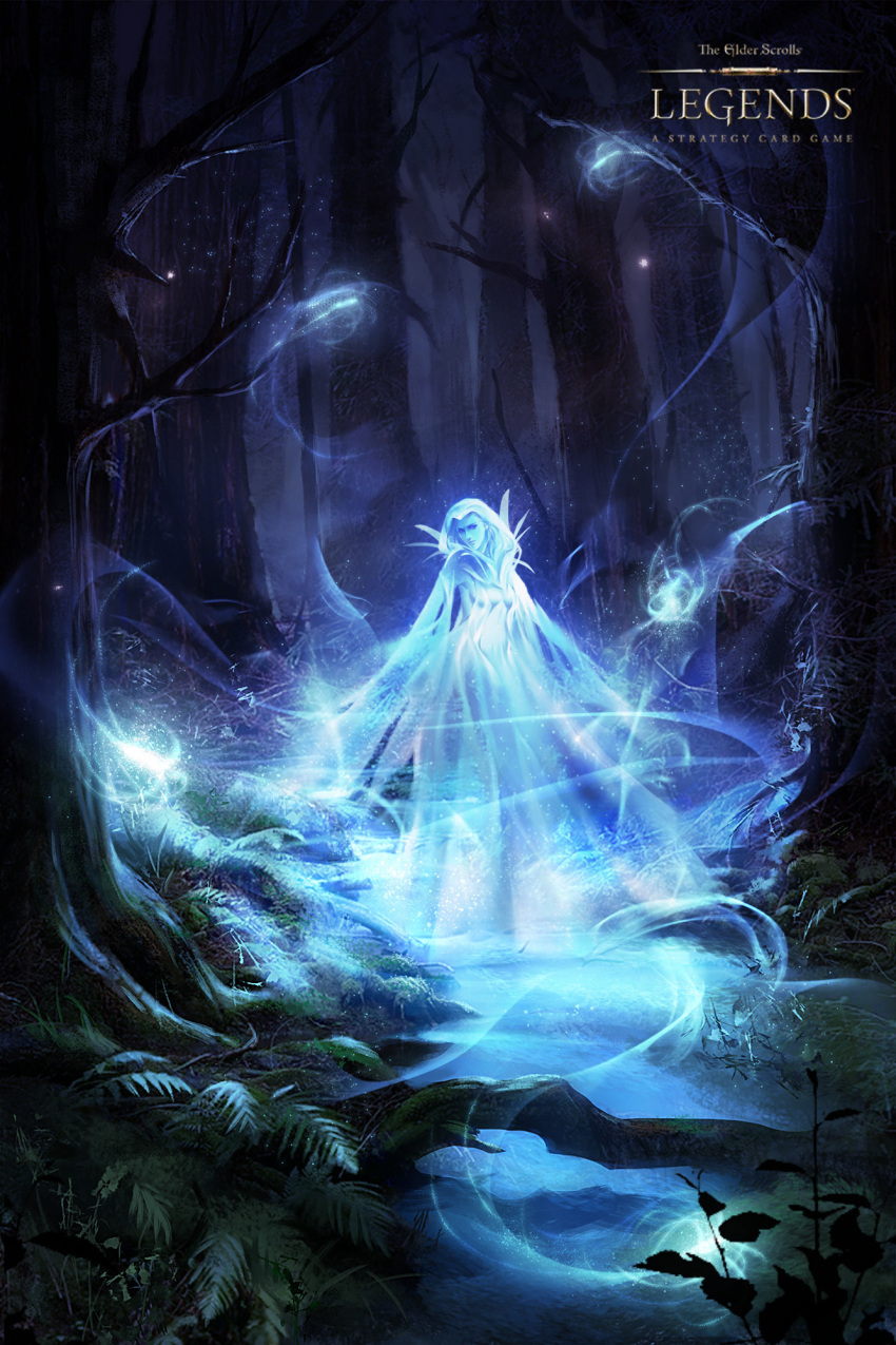 1girl, cah, fern, forest, highres, looking_at_viewer, nature, night, outdoors, solo, spirit, the_elder_scrolls, the_elder_scrolls:_legends, tree, will-o'-the-wisp_(mythology), wispmother