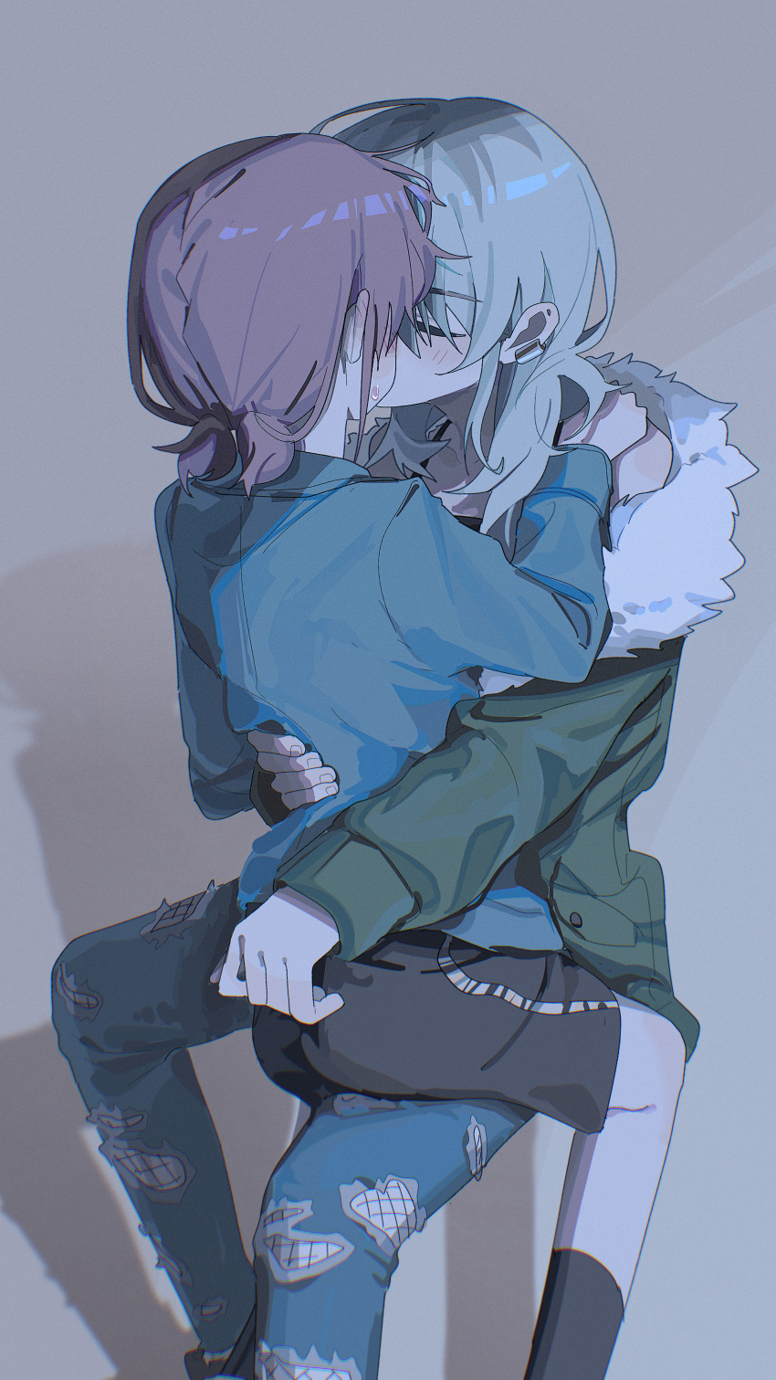 2girls, absurdres, black_camisole, black_skirt, black_socks, blue_jacket, blue_pants, brown_hair