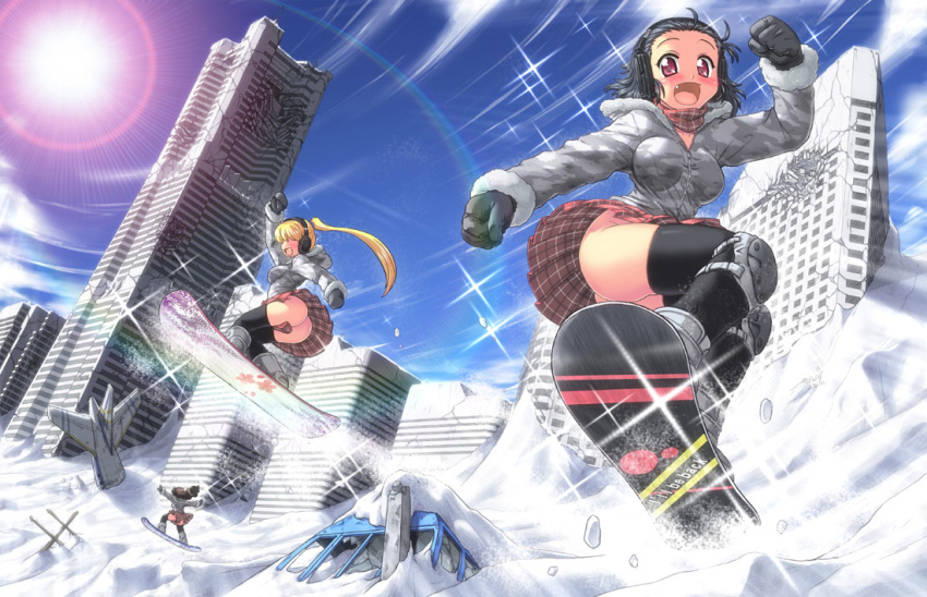 3girls, :d, airplane, black_hair, black_legwear, black_thighhighs, blonde_hair, blush