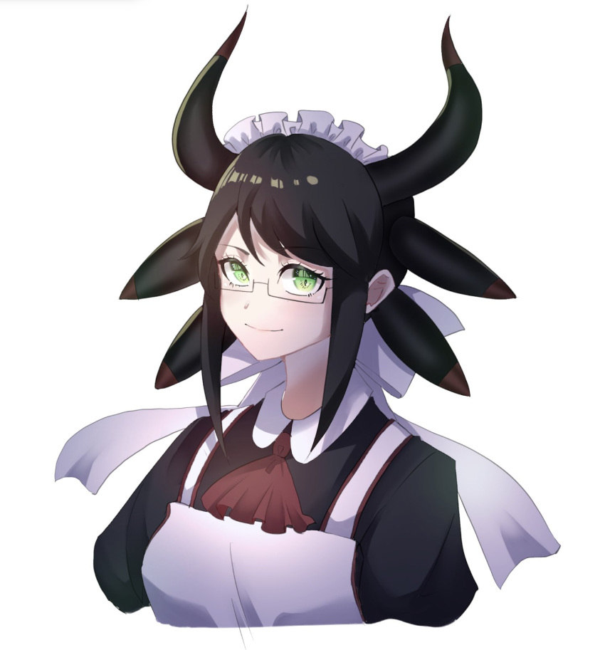 1girl, apron, black_hair, blush, closed_mouth, dragon_girl, dragon_horns, duel_monster