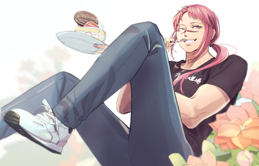 1boy, absurdres, androgynous, black_shirt, blue_pants, cake, chocolate, commentary_request