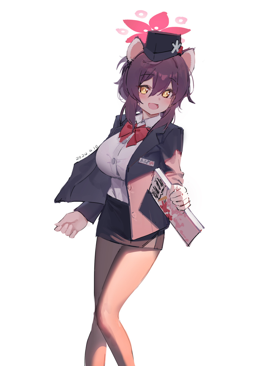 1girl, :d, absurdres, animal_ears, black_hat, black_jacket, black_skirt, blue_archive