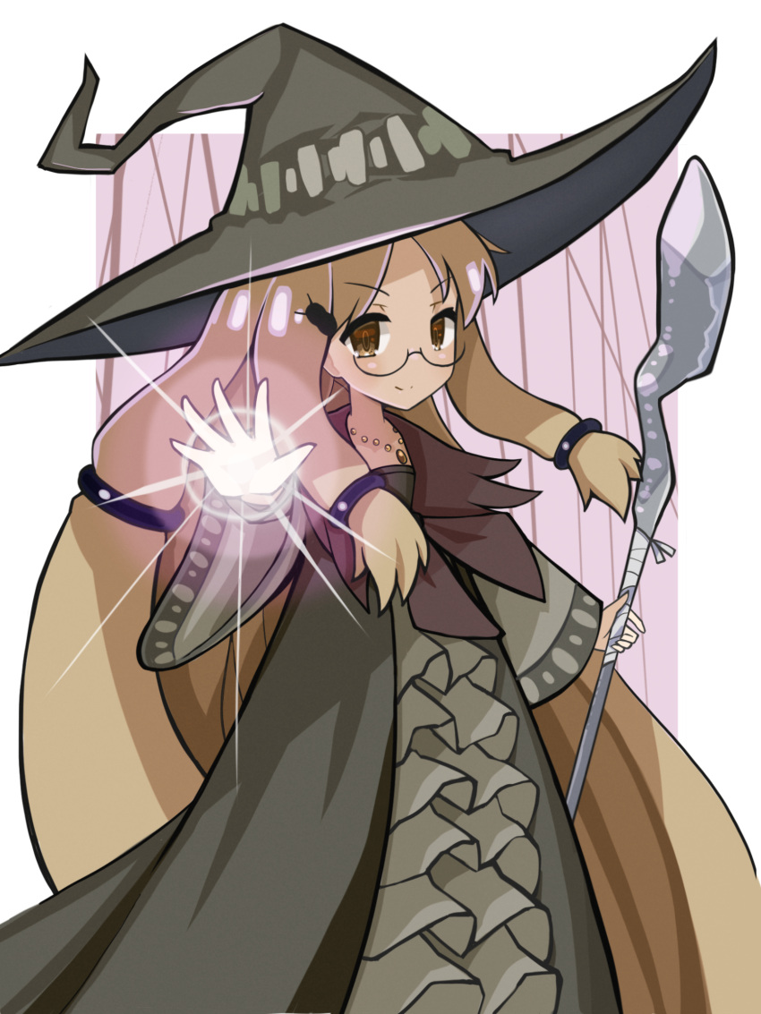 1girl, bandages, belda_(majo_to_hyakkihei), border, brown_eyes, brown_hair, closed_mouth, dress